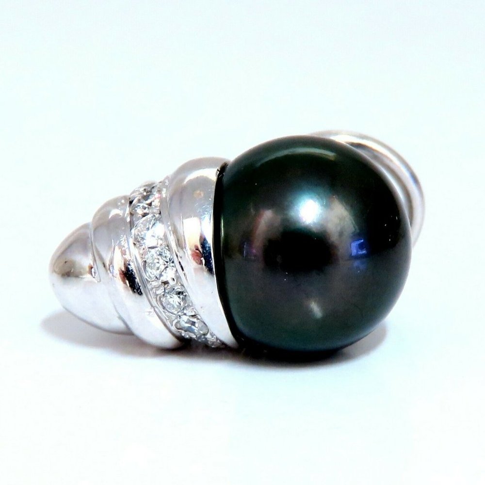 11mm natural tahitian pearl & .50ct diamonds raised cap earrings 14kt* - Picture 8 of 9